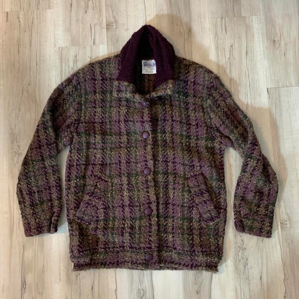 Boyne Valley Weavers Vintage Plaid Wool Jacket Purple Green Small Ireland
